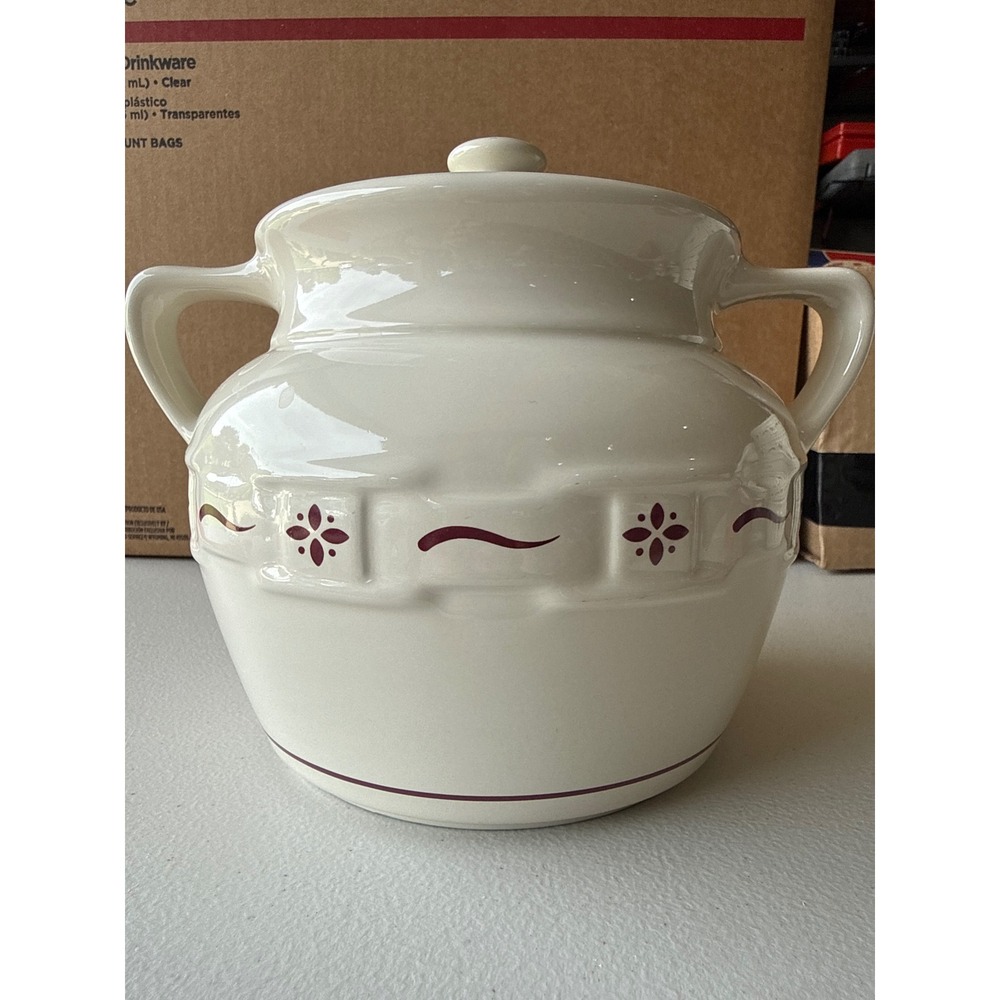 Longaberger Pottery Heritage Cream Lidded Bean Pot Burgundy Floral Made in USA